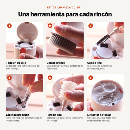 Infografía del kit de limpieza 20 en 1: cepillo grande, cepillo fino, lápiz de precisión, pera de aire y extractor de teclas